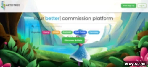 A vibrant and whimsical illustration depicting Artistree's website homepage. A serene waterfall cascades in a lush, forested setting, leading the viewer's eyes to a central figure – a stylized character standing on a bridge, pointing towards the 'Discover Artists' button, symbolizing artistic exploration.