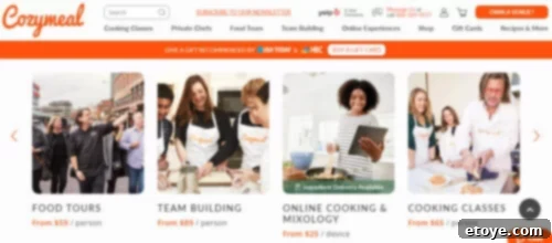 A collage from Cozymeal's website showcasing diverse culinary experiences. On the left, a group of people enjoy a food tour in an urban setting. The center-left shows a cheerful woman preparing a dish. The center-right displays a young woman using a tablet, indicating online cooking sessions, highlighting the breadth of offerings.