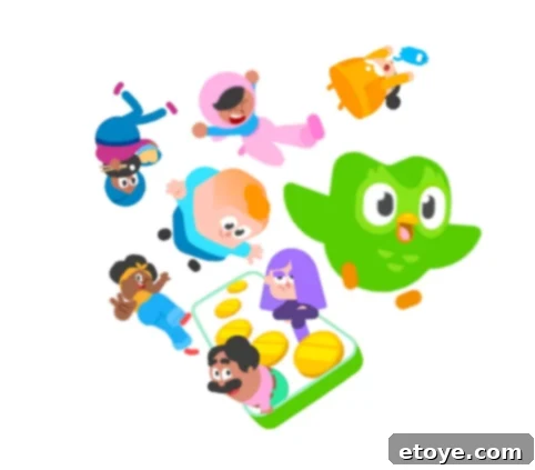 Playful and colorful Duolingo characters interacting with a smartphone, including the signature green owl mascot and other animated figures, symbolizing fun and engaging language learning.
