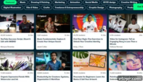 Collage of featured Skillshare courses including digital illustration, film & video, music, drawing & painting, and more, highlighting various instructors and their creative disciplines, inviting exploration and learning.