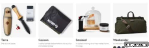 Think Inside The Box Your Essential Subscription Gift Guide 5 A selection of sophisticated men's lifestyle items from Bespoke Post, including a rugged knife with a wooden handle, a compact black camp blanket, a premium cocktail smoking kit, and a stylish green duffel bag with leather details, representing curated gifts for men.