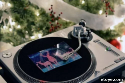 Think Inside The Box Your Essential Subscription Gift Guide 8 A vibrant scene depicting a turntable playing a unique festive vinyl postcard, surrounded by sparkling holiday lights and evergreen garland, symbolizing the joy and innovation of a Vinyl Post music subscription.