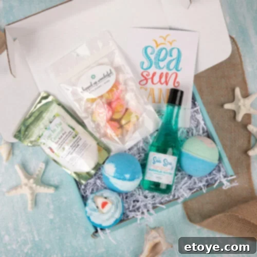 Think Inside The Box Your Essential Subscription Gift Guide 10 A luxurious collection of spa-themed bath products from Bath Bevy, including vibrant bath bombs, lush bubble bath, and marine-inspired decorations, designed to create a serene beach escape in the bathroom.
