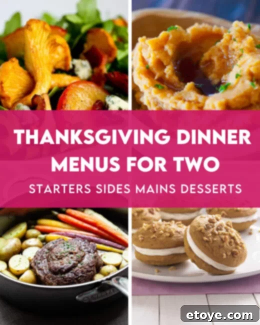 Thanksgiving Dinner Menu for Two Graphic with 4 Recipe Photos showing Cornish hen, mashed potatoes, stuffed onions, and whoopie pies.