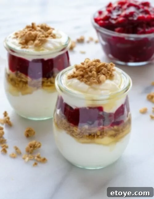 No Waste November: Your 7-Day Guide to Reinventing Thanksgiving Leftovers 3 A beautifully layered cranberry sauce parfait, featuring yogurt and granola.