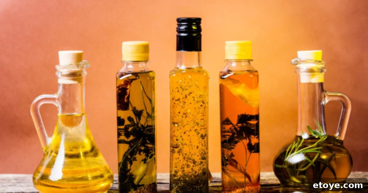 Flavored Oils with different flavors and herbs on orange background