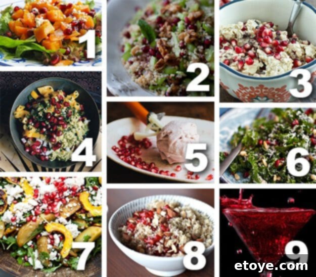 Open a Pomegranate Without the Bloody Mess 2 Assortment of vibrant pomegranate dishes including a colorful salad, a rich dessert, and a savory main course, highlighting the versatility of pomegranate arils in cooking.