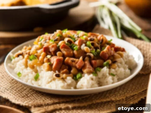 10 Global Dishes for New Year Good Fortune 3 Southern US traditional New Year's Day meal, Hoppin' John, with black-eyed peas, collard greens, and cornbread.