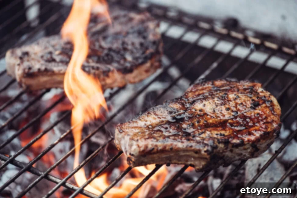 Pork cuts sizzling on a barbecue grill