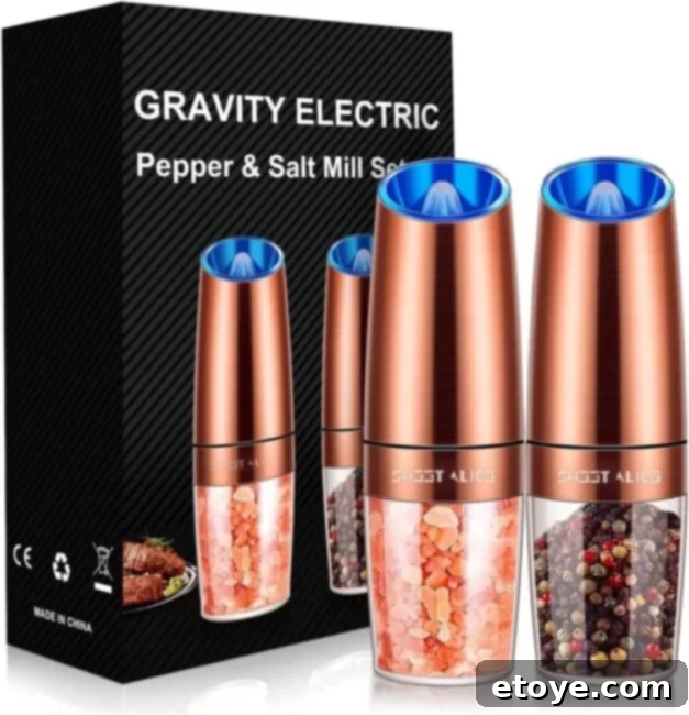 Gravity Electric Pepper and Salt Grinder Set, Adjustable Coarseness, Battery Powered with LED Light for Effortless Seasoning