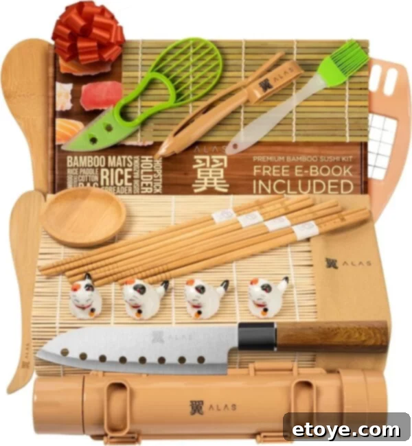 Alas Complete 20 Piece Sushi Making Set - Kit for Beginners & Pros with Knife, Bazooka, and Mats