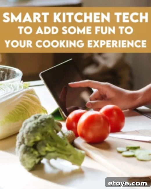 A modern kitchen countertop featuring various smart gadgets like a smart speaker, a tablet on a stand, and a sleek coffee machine, enhancing the cooking experience.