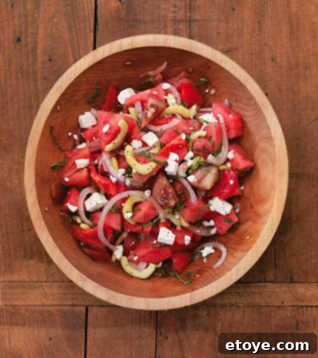 Bright and colorful tomato and watermelon salad, a perfect hydrating dish for summer