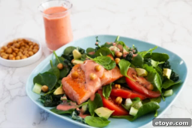 salad salmon baked crispy chickpeas fresh strawberry vinaigrette