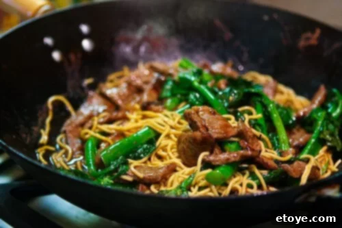 Broccoli beef noodles in a pan