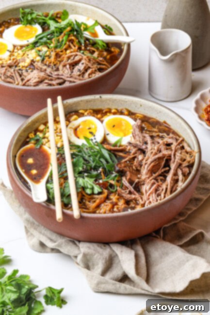 Appetizing closeup of a Beef Ramen Noodle Bowl