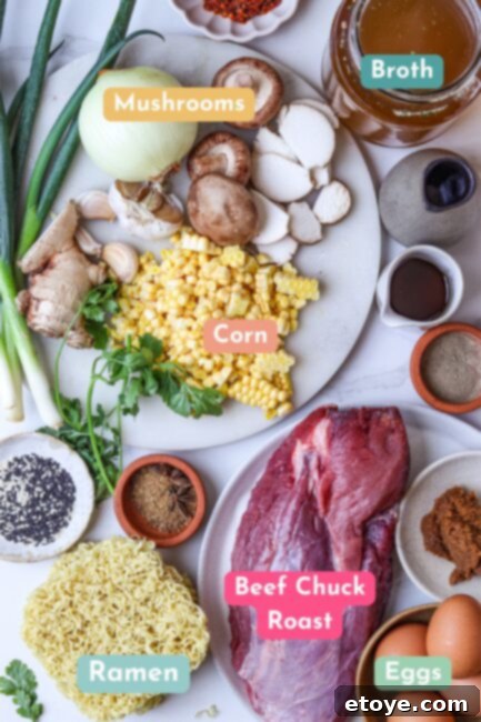 Slow-braising beef chuck roast for ramen broth