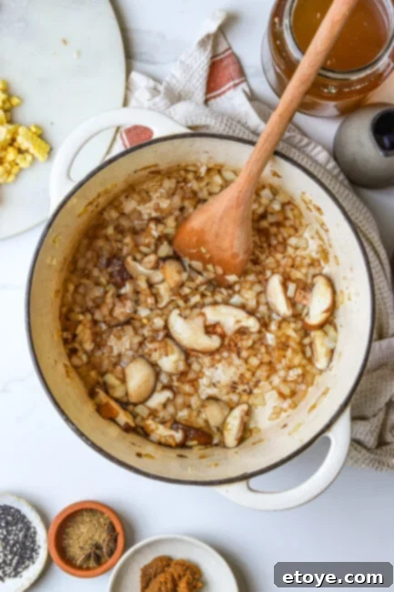 Sautéing onions and shiitake mushrooms in Dutch oven