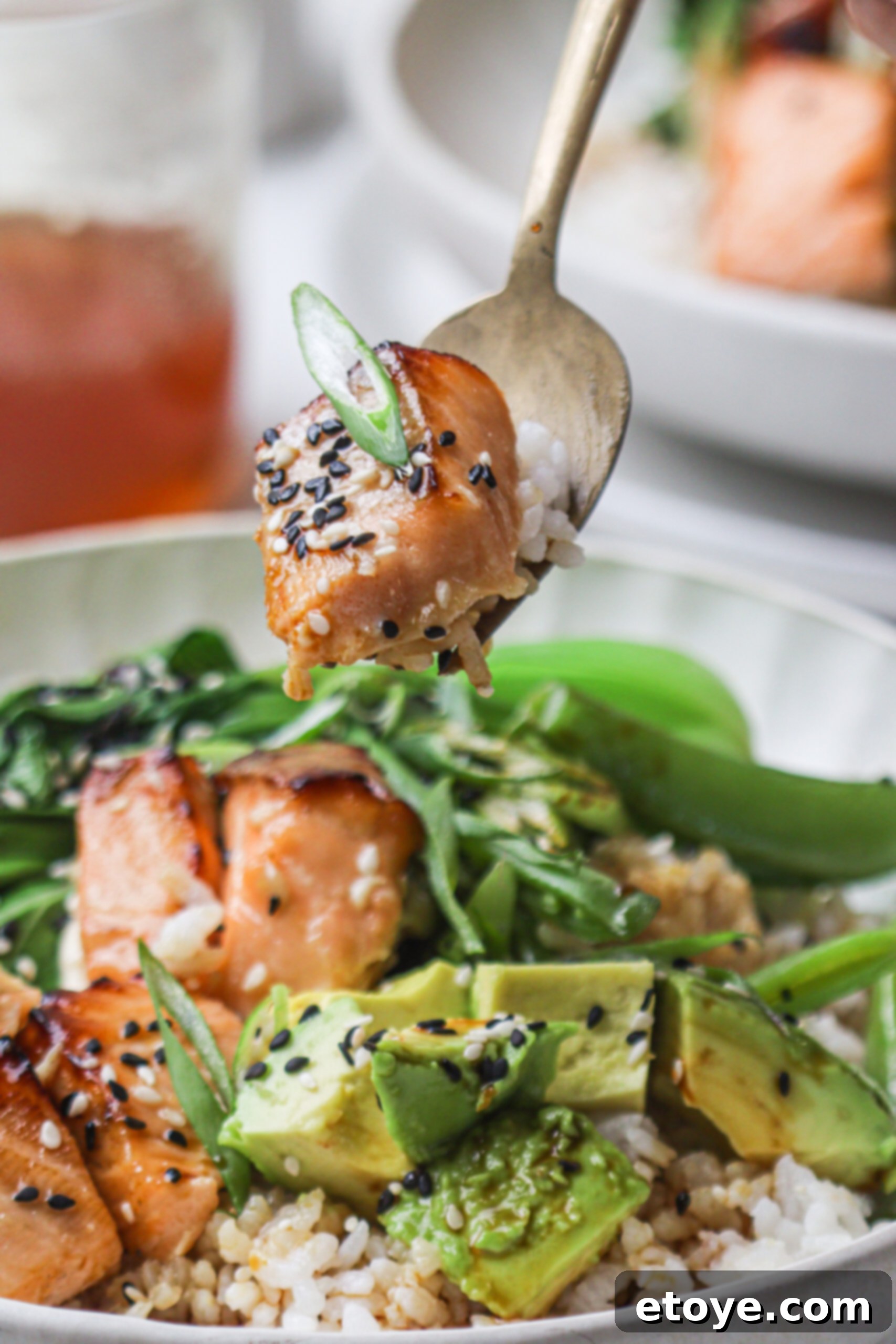 Spicy Honey Glazed Crispy Salmon Bowl 10 Assembled Hot Honey Salmon Bowl