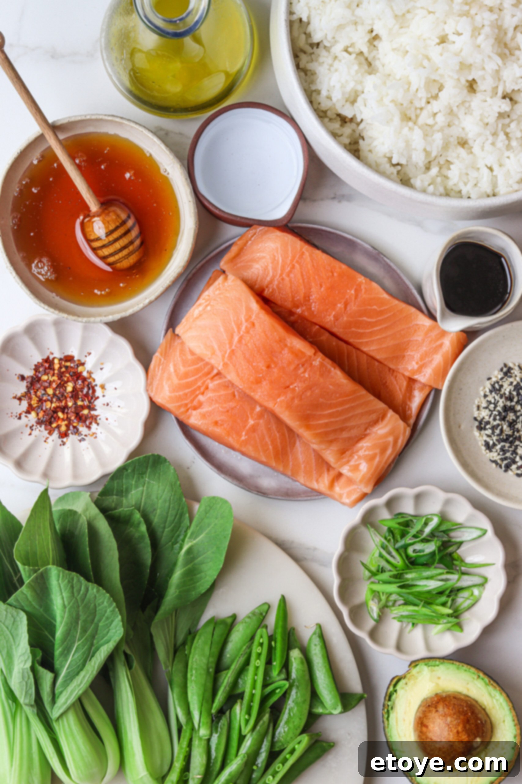 Spicy Honey Glazed Crispy Salmon Bowl 3 Close-up of Hot Honey Salmon Bowl ingredients