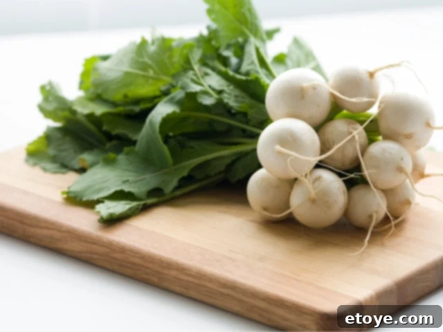 The Ultimate Guide to Fall Vegetables 8 Freshly harvested turnips with their green tops, displayed in a rustic setting.
