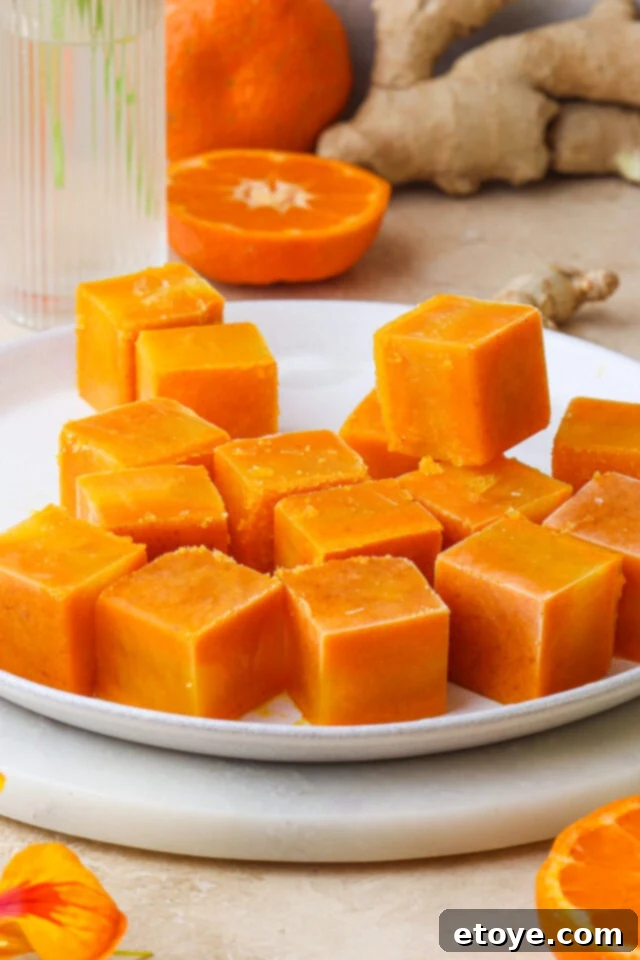 Mind, Body, and Immunity Boosting Ice Cubes 8 Ginger cubes on a plate