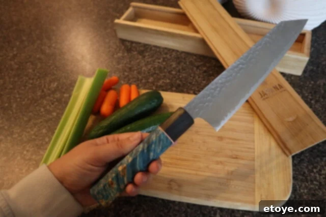Oishya Seki Kyuba KATA Chef’s Knife Bunka with various ingredients, showcasing its versatility