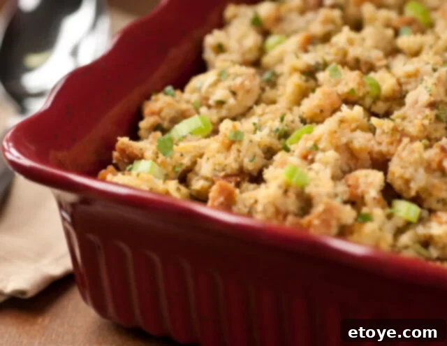 Cost-effective Thanksgiving ingredients like homemade stuffing in a dish