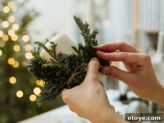 DIY pine wrapped pillar candles for festive ambiance