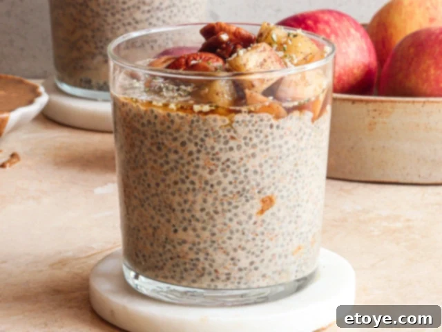 Closeup of Winter Chia Pudding, showing a rich texture and visible apple pieces