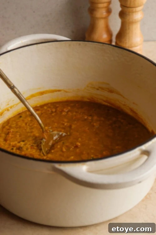 Red Lentil Curry simmering in a large pot on the stove
