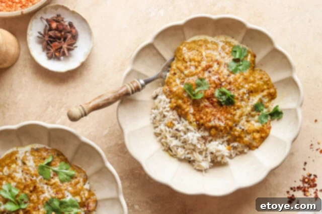 Red Lentil Curry served in a white bowl with a spoon