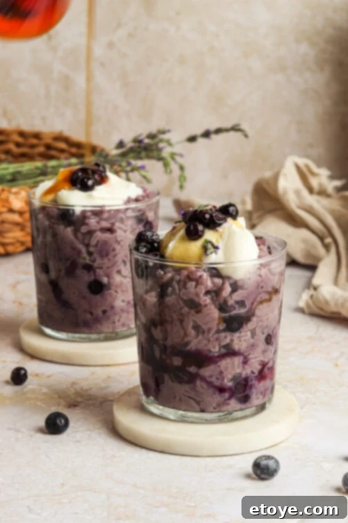 Close-up of Blueberry Lavender Coconut Rice Pudding, showing creamy texture and vibrant blueberries
