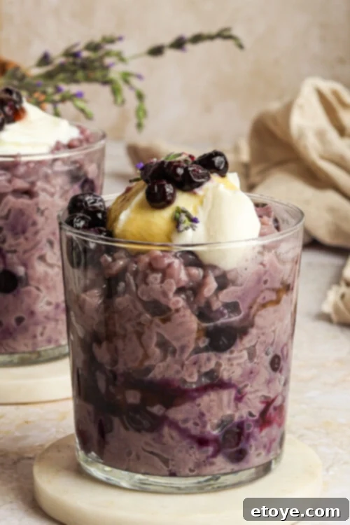 Overhead view of Blueberry Lavender Coconut Rice Pudding in a bowl, garnished with coconut yogurt and blueberries