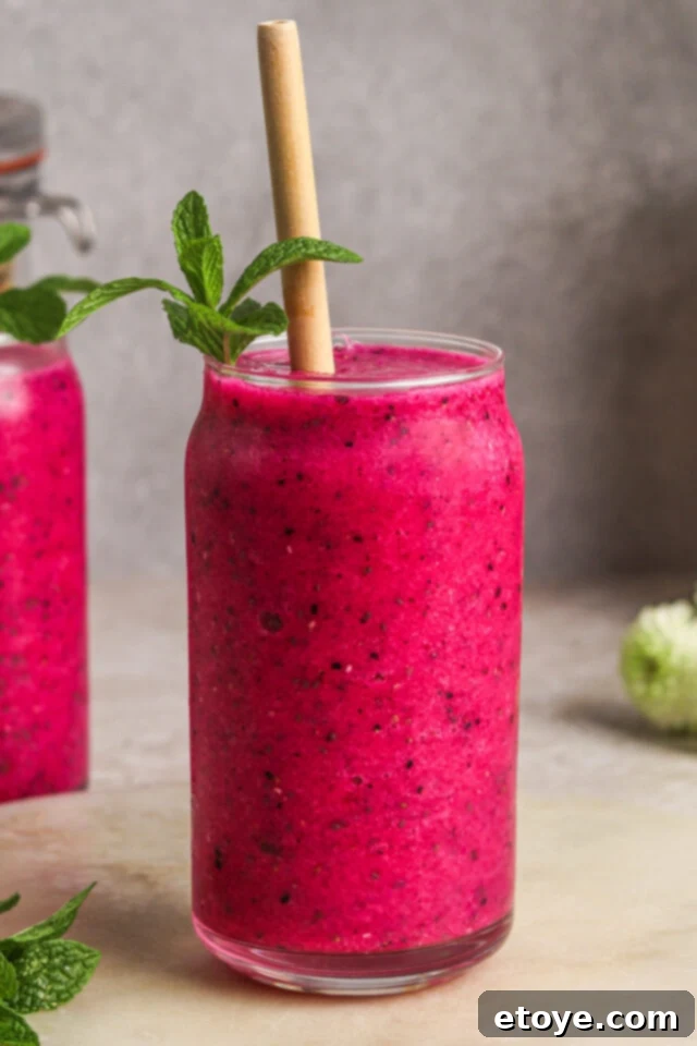 Dragon Fruit Hibiscus Coconut Refresher 2 Vibrant Dragon Fruit Chill Smoothie in a tall glass, garnished with fresh mint and dragon fruit slices, against a soft, sunlit background.