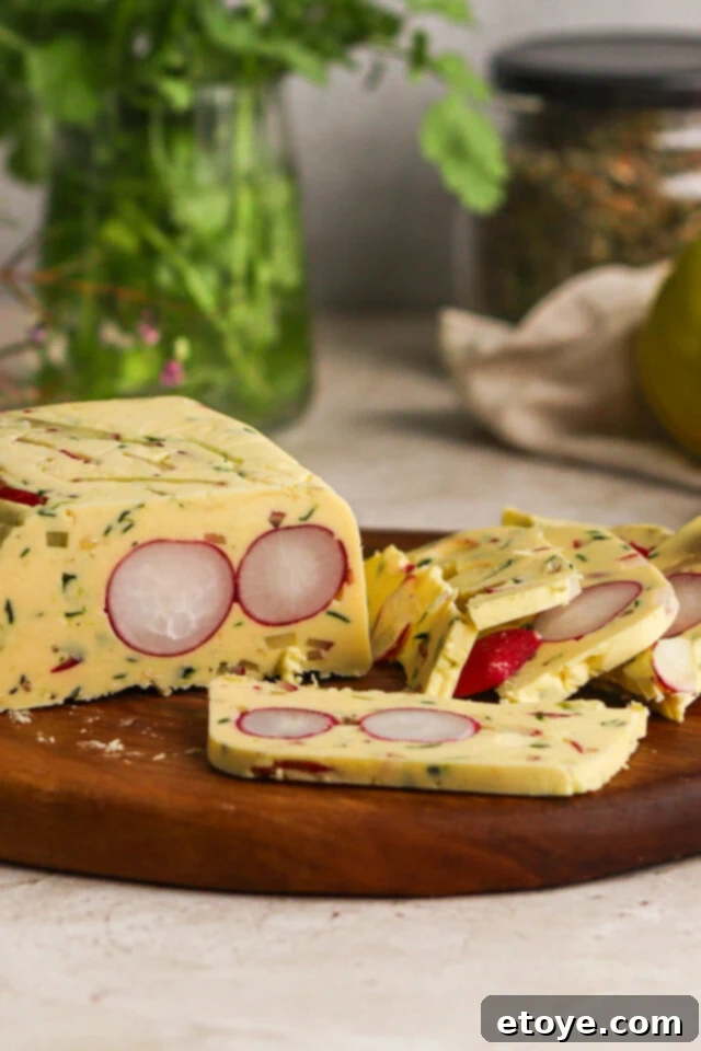 Radish and herb butter terrine, closeup of a slice