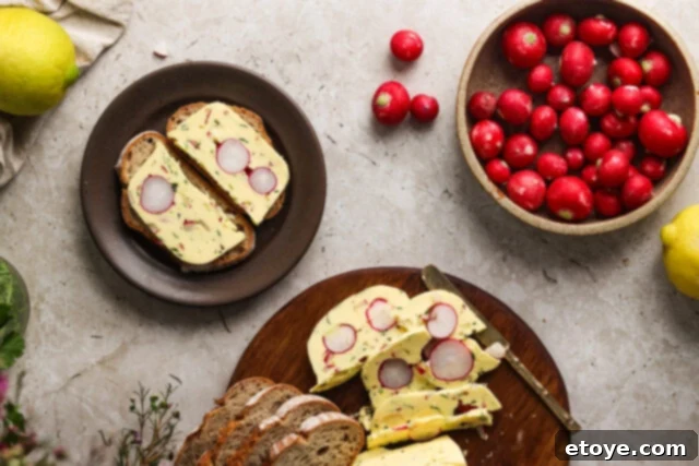 Radish and herb butter terrine on a serving board