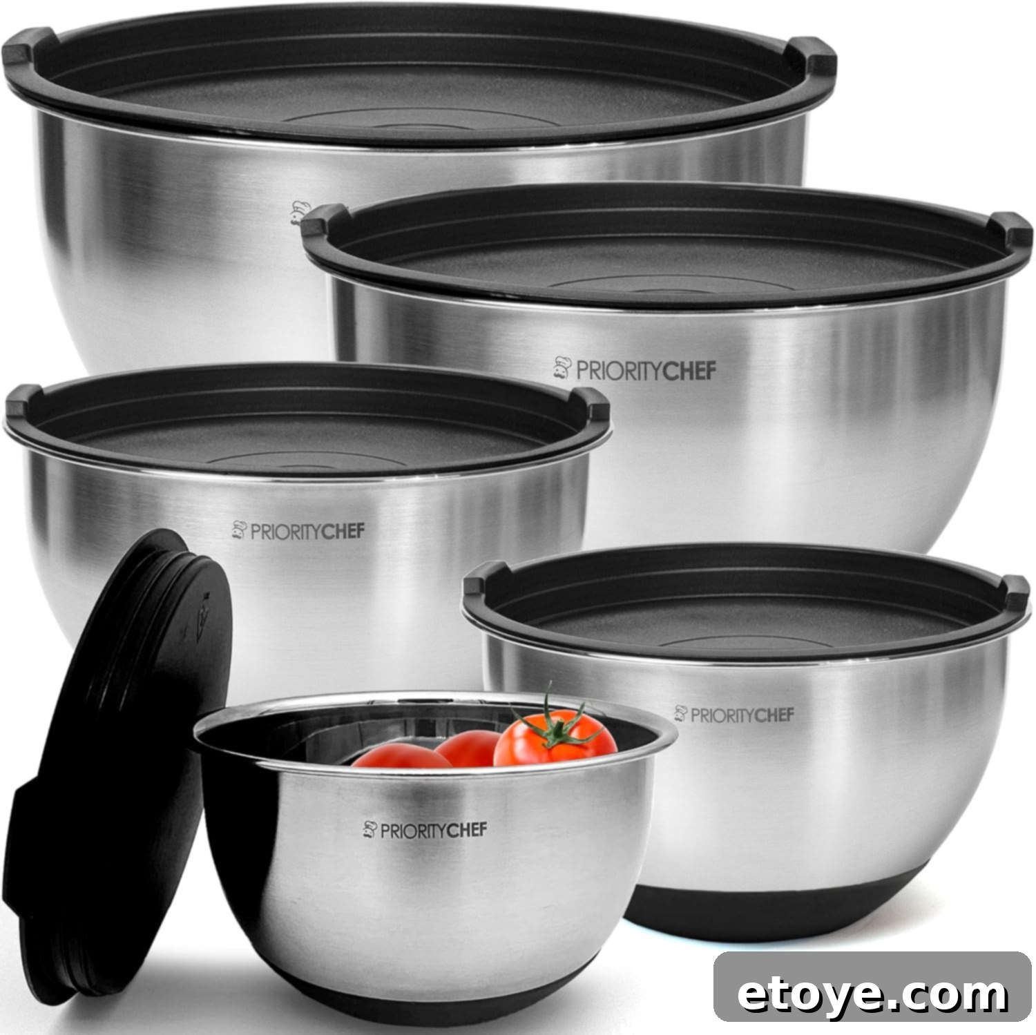 Win a Complete Kitchen Bowl Collection 3 Stylish stainless steel mixing bowls with various kitchen ingredients