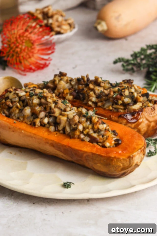 Wild mushroom and sage stuffed butternut squash, a perfect autumn dish.