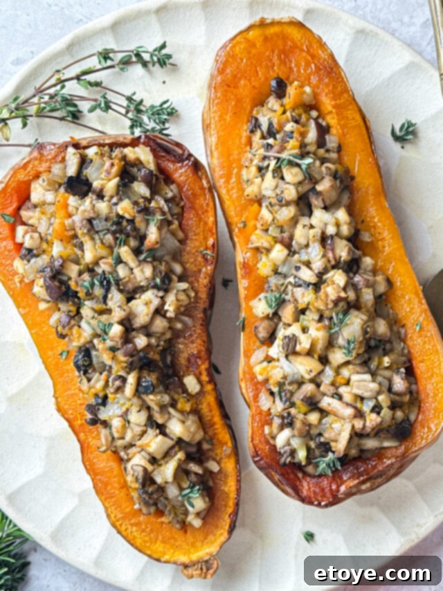 A final shot of the delectable wild mushroom and sage stuffed butternut squash, ready to be enjoyed.