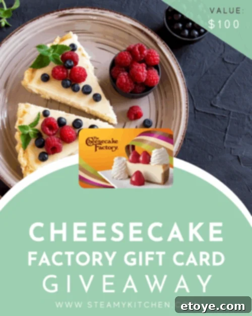 Delicious Cheesecake Factory dishes and desserts, including a classic slice of cheesecake