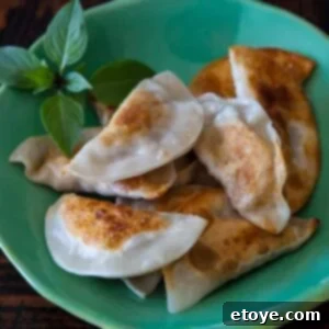 Close-up of Mushroom Tofu Potstickers with a crispy bottom