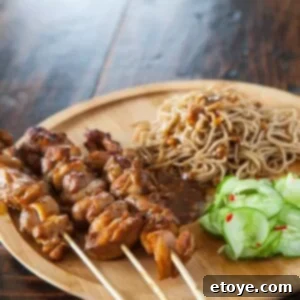 Grilled Chicken Skewers with Peanut Noodles 4 chicken skewers on plate