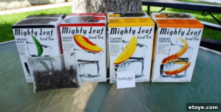 Mighty Leaf Iced Tea Brewing Kit Giveaway 2 Mighty Leaf Tea's signature silken tea pouches showcasing whole leaf blends and gourmet tea experience