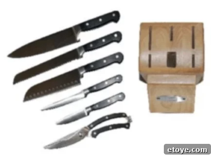 Enter to Win a TSU 6-Piece Forged Knife and Block Set 4 A detailed view of the TSU Kitchen Knives 6-piece forged knife set with a sturdy rubber wood block, featuring individual blades for various culinary tasks.