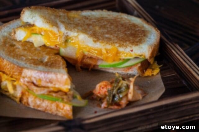 Kimchi Krunch Melt 5 Grilled kimcheese sandwich showing melted cheese and kimchi