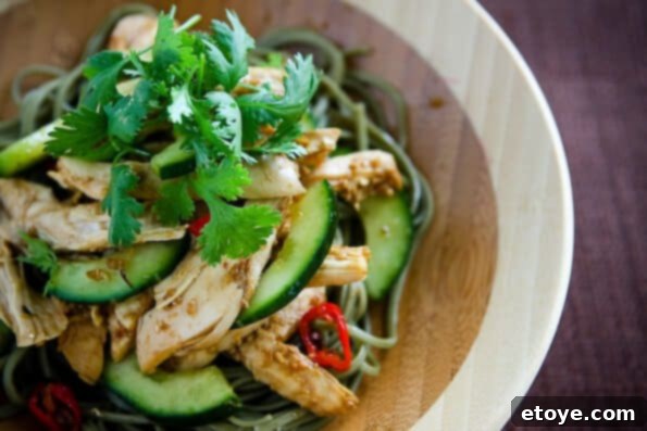 Close-up of Asian Sesame Chicken Noodle Salad