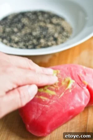 Sesame Seared Tuna with Lime Ginger Vinaigrette step-002 Sesame Seared Tuna step 2: Apply wasabi