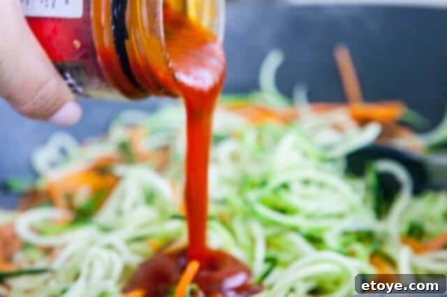 Low-Carb Pad Thai Zoodles 12 Pad Thai Sauce in Wok for Pad Thai Zoodles
