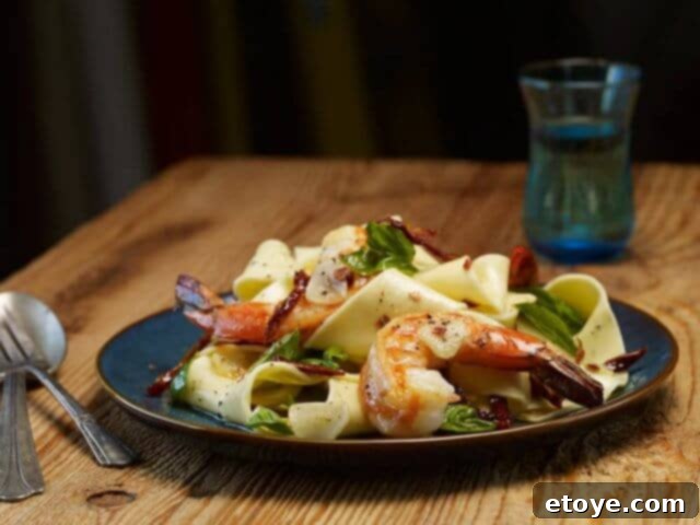 Three Bridges Weeknight Wonders: Our Review and a Giveaway! 5 Three Bridges Pappardelle pasta with sautéed shrimp and sun-dried tomatoes, ready to be served.